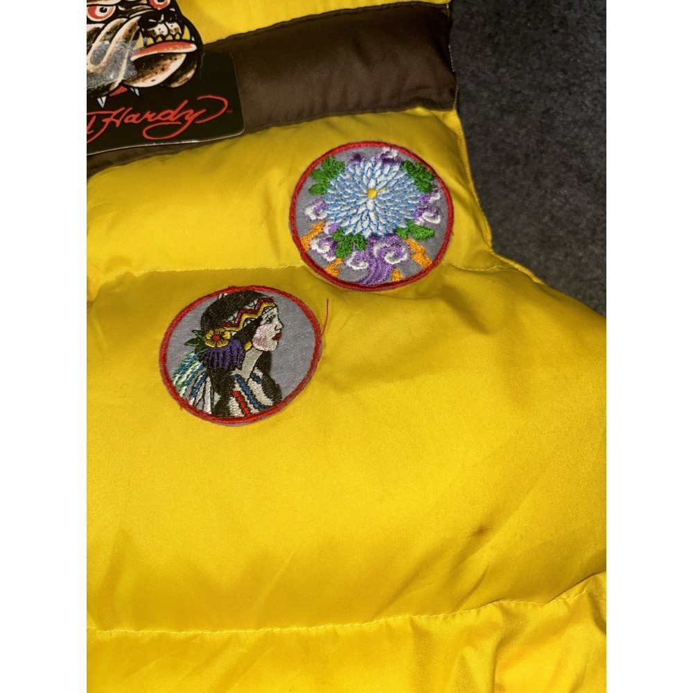 Ed Hardy Yellow Puffer Vest Men's M Tattoo Embroidered Graphic Y2K - Picture 6 of 8